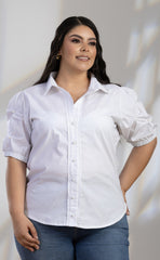 BLUSA CAMISERA PLUS SIZE CON DETALLE DE PERLAS EN MANGAS P694