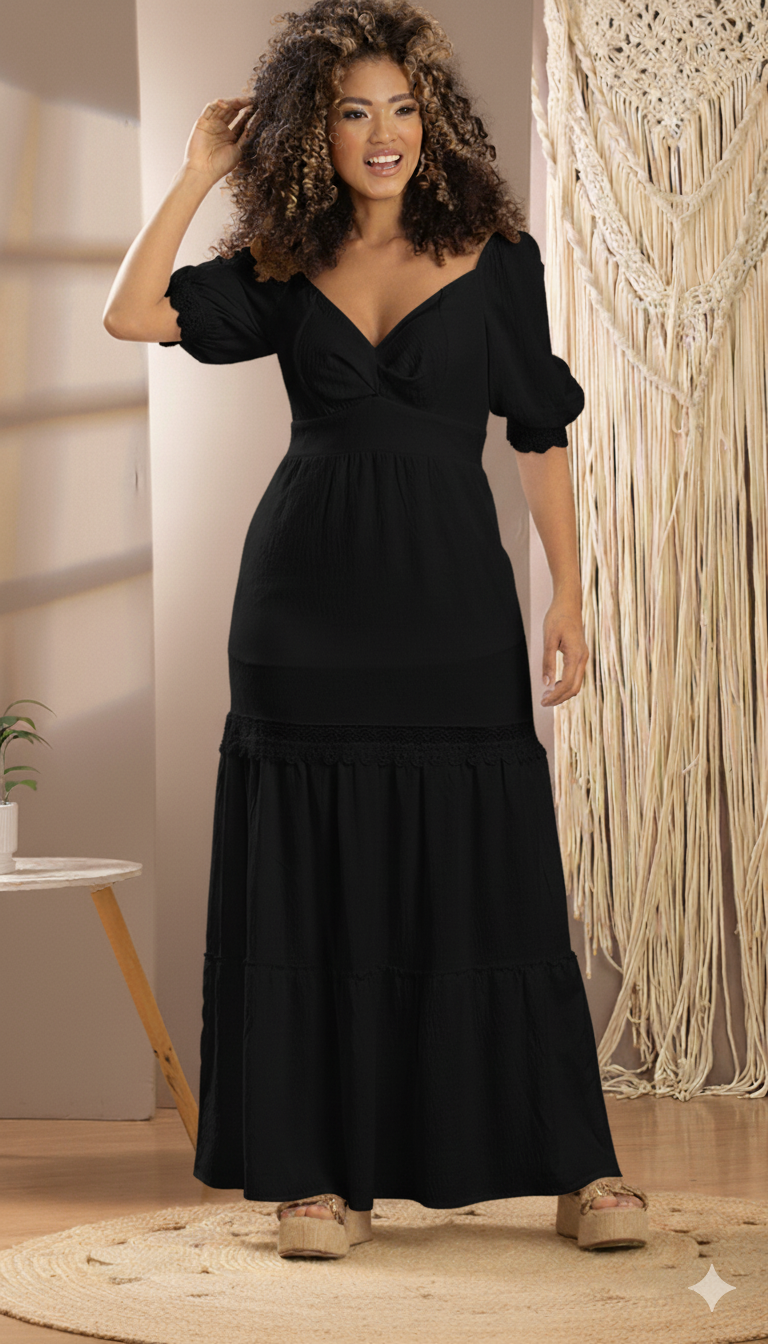 VESTIDO LARGO MANGA CORTA ESCOTE V 6612