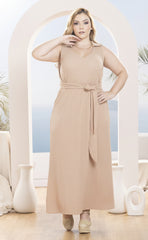 VESTIDO PLUS SIZE LARGO MANGA SISA CON CINTURON P791