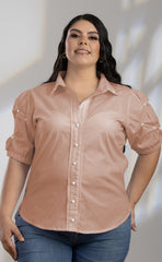 BLUSA CAMISERA PLUS SIZE CON DETALLE DE PERLAS EN MANGAS P694