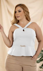BLUSA PLUS ELEGANTE CON ESCOTE CRUZADO Y DETALLE DE CINTURON P868