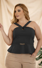 BLUSA PLUS ELEGANTE CON ESCOTE CRUZADO Y DETALLE DE CINTURON P868